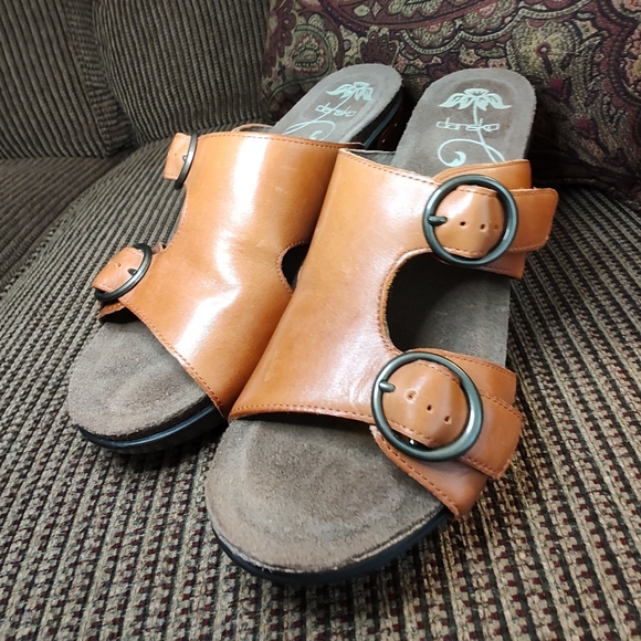 Dansko Shoes - DANSKO FERN Brown Leather Slip On Buckle Platform Wedge Sandals Sz 39 US 8-8.5
